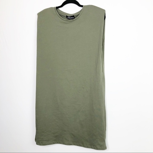 PIECES olive green padded shoulder mini T-shirt dress. - Picture 10 of 11